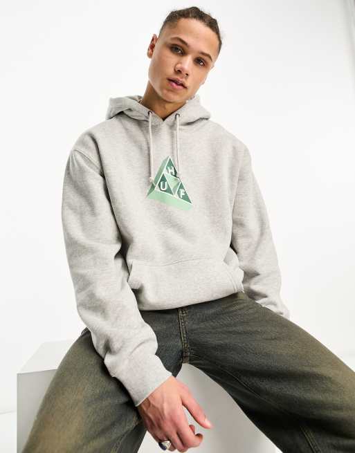 HUF Based triple triangle pullover hoodie in grey with chest and back print