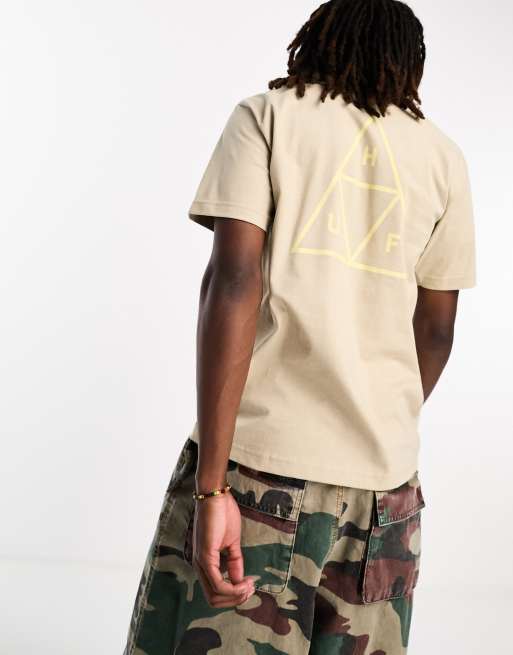 HUF – Beżowy T-shirt z nadrukiem z logo i potrójnym trójkątem