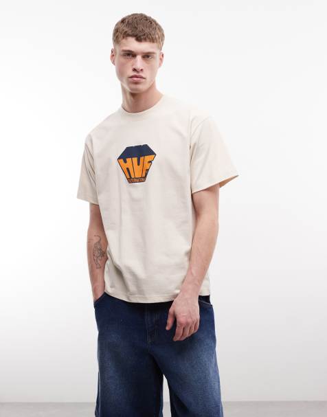 HUF big block logo print t-shirt in beige - view 1