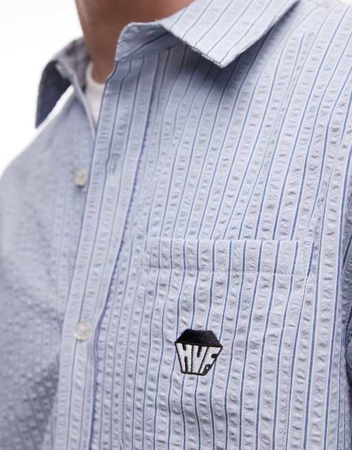HUF big block logo stripe shirt in blue, 5 of 5