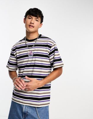 HUF cheshire short sleeve striped knitted t-shirt in white and blue