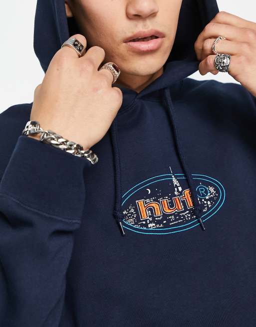 HUF city lights pullover hoodie in navy with logo embroidery | ASOS