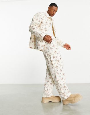 HUF co-ord utility cargo trousers in white with all over floral print