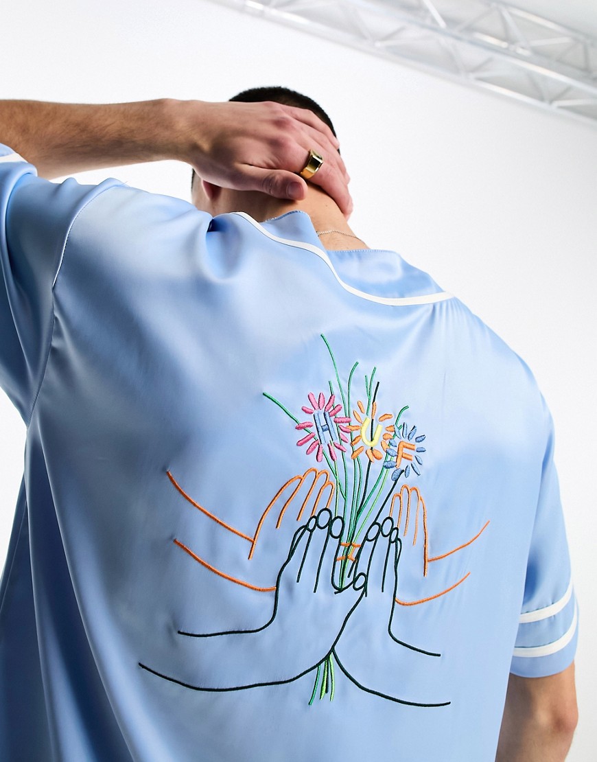 HUF community hand baseball jersey in satin blue with chest and back embroidery