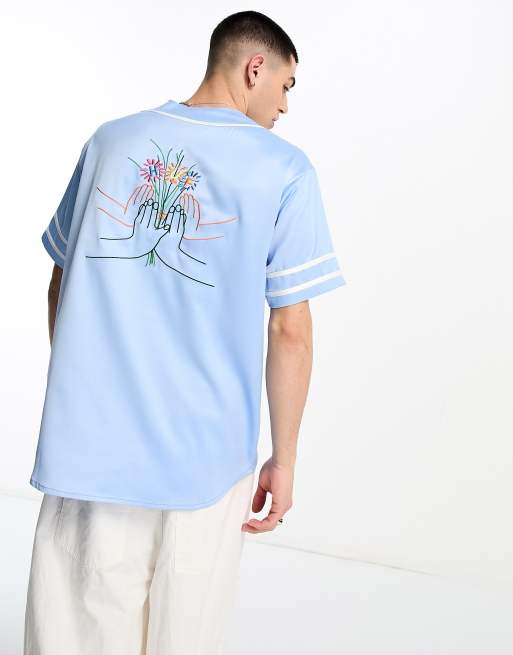 HUF community hand baseball jersey in satin blue with chest and