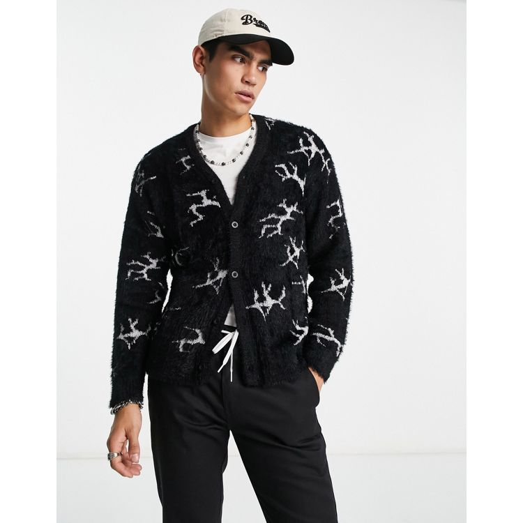 HUF cracked cardigan in black with all over print | ASOS