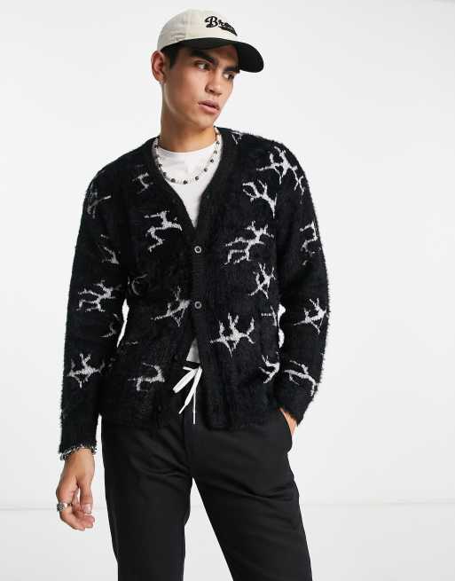 HUF cracked cardigan in black with all over print | ASOS