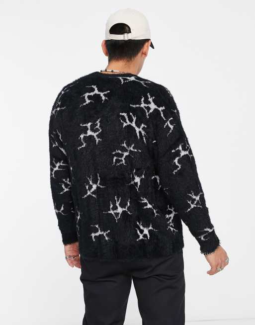 HUF cracked cardigan in black with all over print | ASOS