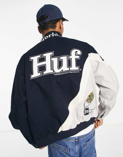 HUF Daytona motorsport jacket in navy and gray | ASOS