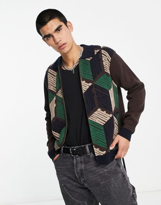 HUF Dimensions zip sweater in brown with all over logo print | ASOS