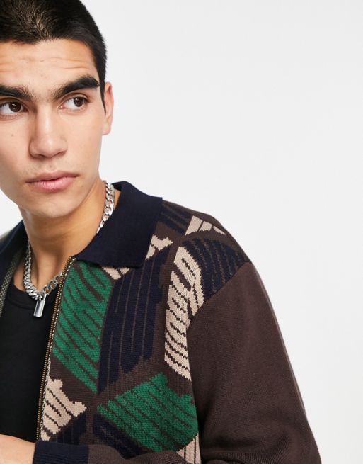 HUF Dimensions zip sweater in brown with all over logo print | ASOS