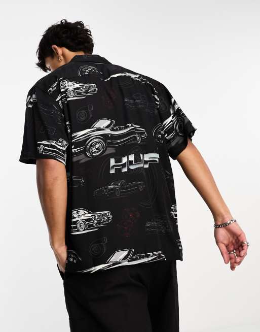 HUF - Drop Top - Kortærmet sort ferieskjorte med reverskrave og gennemgående print, 3 af 4