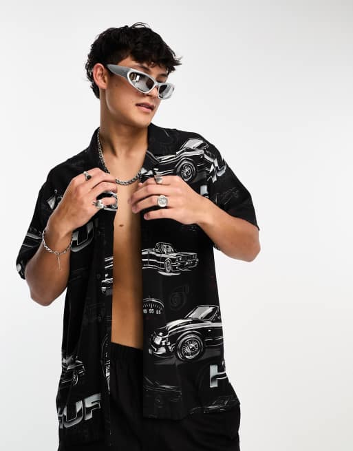 HUF drop top resort short sleeve revere collared shirt in black with all  over print