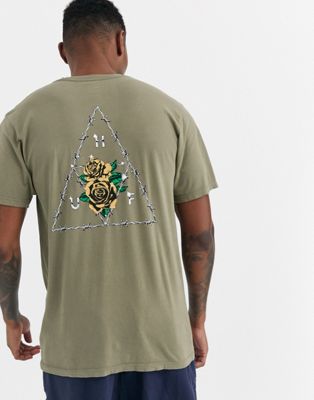 HUF – Dystopia Triple Triangle – Kakifärgad t-shirt med blommigt tryck baktill-Grön