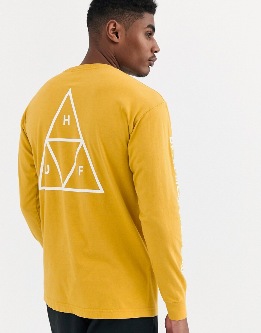 HUF - Essentials - T-shirt a maniche lunghe gialla con triplo triangolo e stampa sulle maniche e sul retro-Giallo