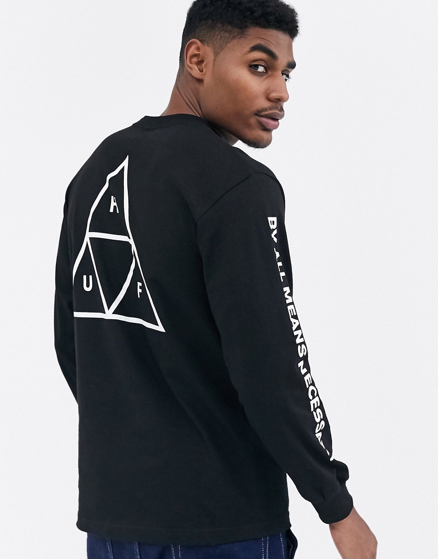 HUF - Essentials - T-shirt a maniche lunghe nera con triplo triangolo e stampa su maniche e retro-Nero