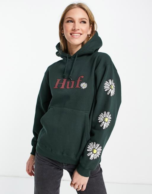 HUF - Felpa con cappuccio oversize con logo sul davanti e stampa di margherite sul braccio