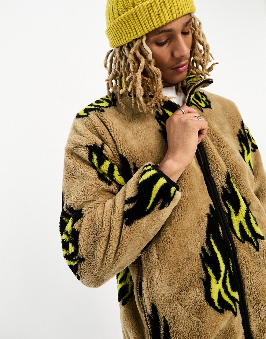 HUF flamin sherpa jacket in light brown with all over flamed logo print