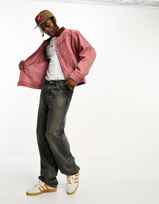 HUF - Giacca trucker in velluto a coste rosa con colletto a contrasto