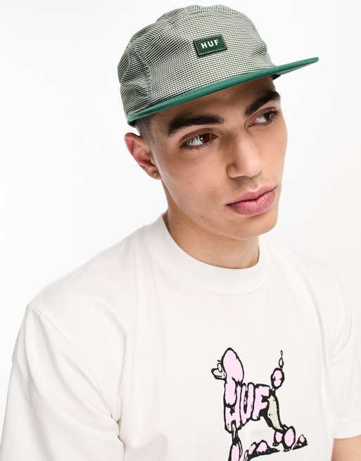 HUF gingham logo valley five panel cap in green and white