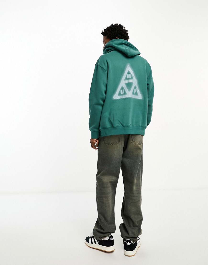 HUF horus zip through hoodie in sage green with horus eye badge and triangle back print