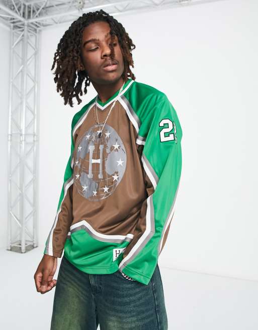 HUF - Ijshockeyshirt met 'Center ice hockey'-logo in het midden in groen en bruin