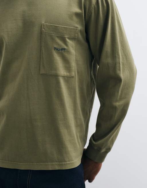 HUF kraftig langærmet T-shirt med lomme i olivengrøn, 3 af 5
