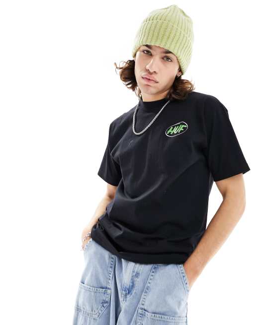 HUF - Local Support - Sort T-shirt med print på brystet og ryggen, 3 af 4