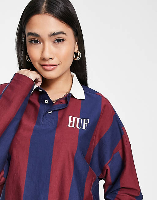  Huf long sleeve polo top with embroidered logo in stripe 