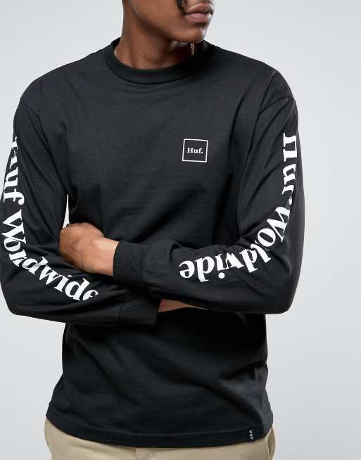 HUF Long Sleeve T Shirt With Worldwide Sleeve Print