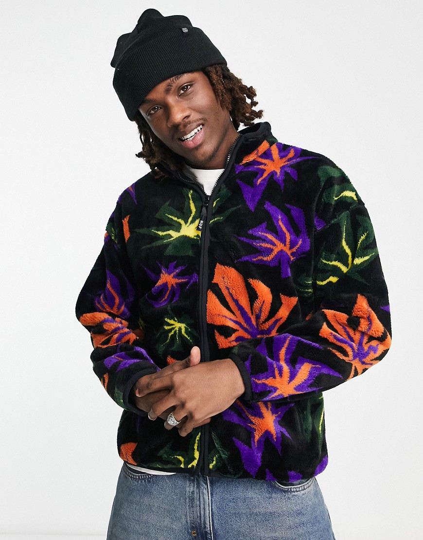 HUF lowell co-ord jacquard sherpa zip jacket in black with all over leaf print-Multi