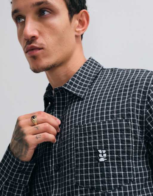 HUF megablast long sleeve check shirt in black, 2 of 5