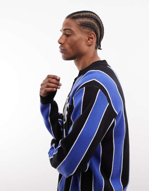 HUF - Midfield - Maillot style football en maille à rayures et col V - Bleu et noir, 4 de 5