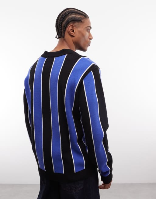 HUF - Midfield - Maillot style football en maille à rayures et col V - Bleu et noir, 5 de 5