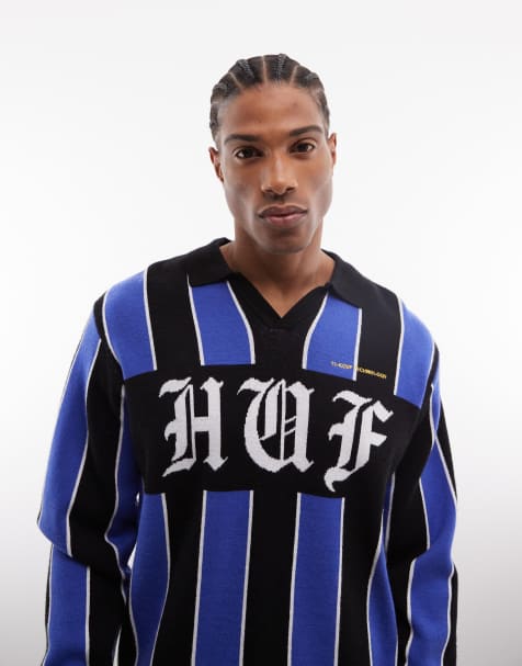 HUF midfield v neck football style knitted jumper in blue and black stripe - view 1