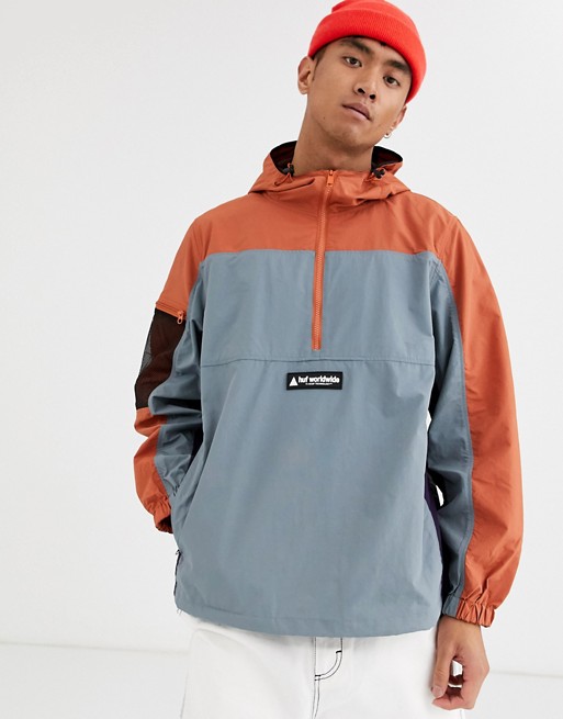 HUF Nystrom packable anorak jacket with hood in orange/blue