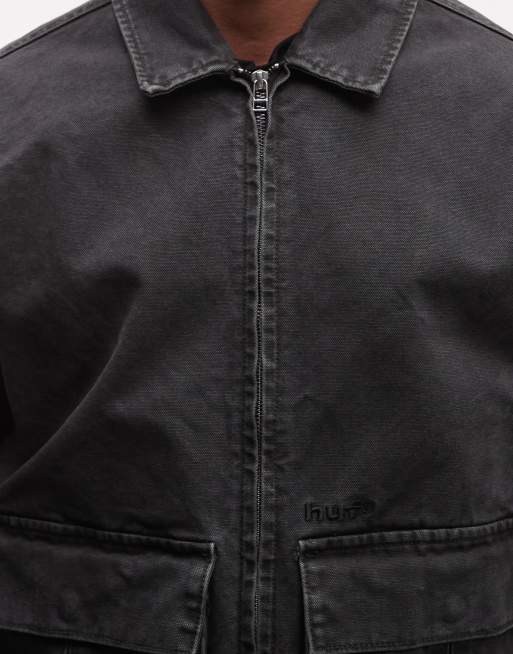 HUF pacific workwear style zip through jacket in washed black, 3 of 5