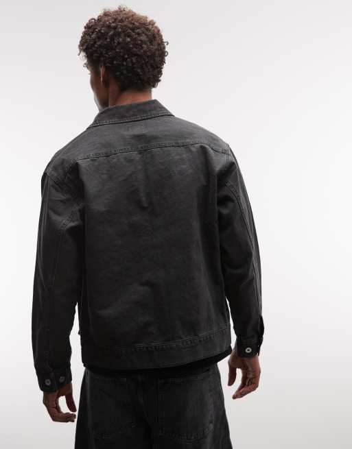 HUF pacific workwear style zip through jacket in washed black, 4 of 5