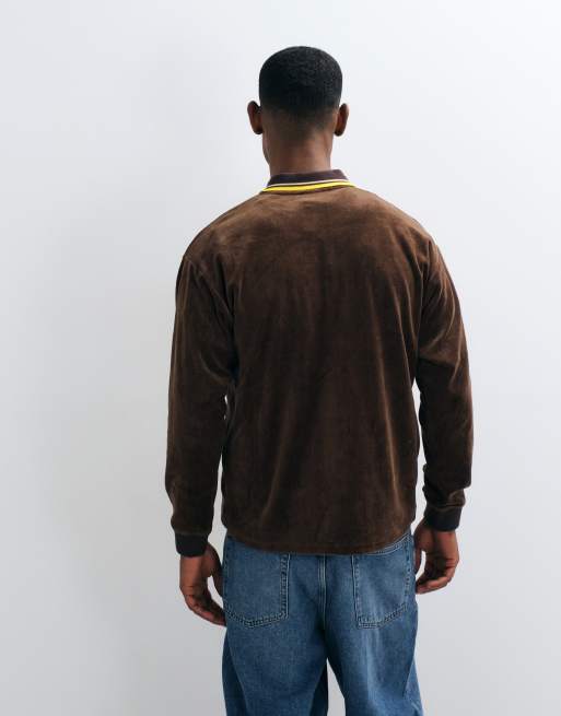HUF Parker långärmad velour-piké med dragkedja i brun, 5 av 5