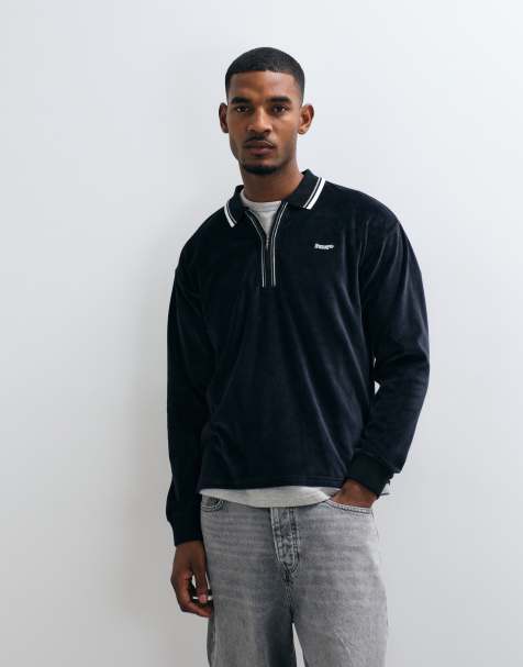 HUF Parker long sleeve velour polo shirt in black - view 1