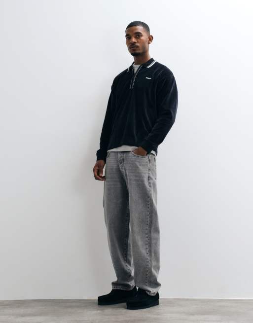 HUF Parker long sleeve velour polo shirt in black, 2 of 5