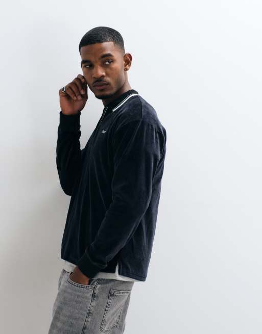 HUF Parker long sleeve velour polo shirt in black, 4 of 5