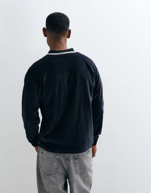 HUF Parker long sleeve velour polo shirt in black, 5 of 5