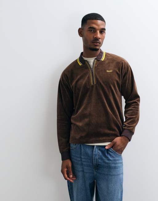 HUF Parker long sleeve velour polo shirt in brown, 2 of 5