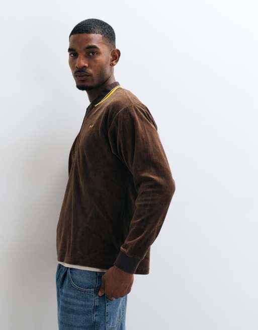 HUF parker long sleeve velour zip up polo shirt in brown, 4 of 5