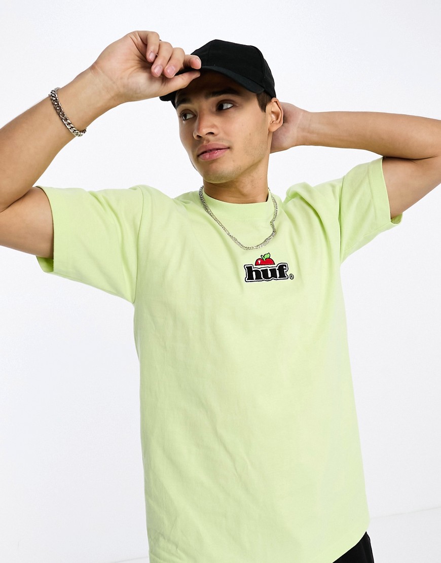 HUF produce t-shirt in lime green with chest embroidery