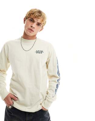 HUF rogue waves long sleeve t-shirt in white with chest and sleeve prints - ASOS Price Checker