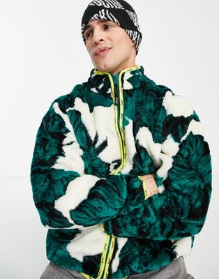 HUF sativa floral full-zip sherpa jacket in white/green