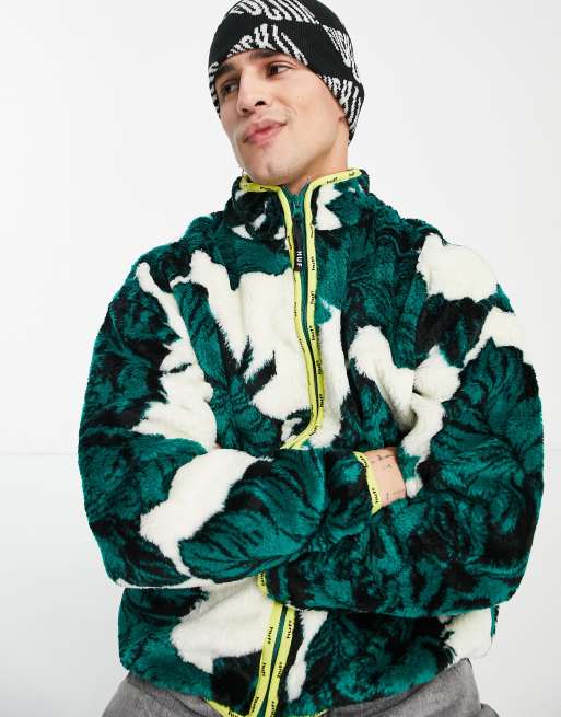 HUF - Sativa - Sherpa jack met bloemenprint en rits in wit/groen