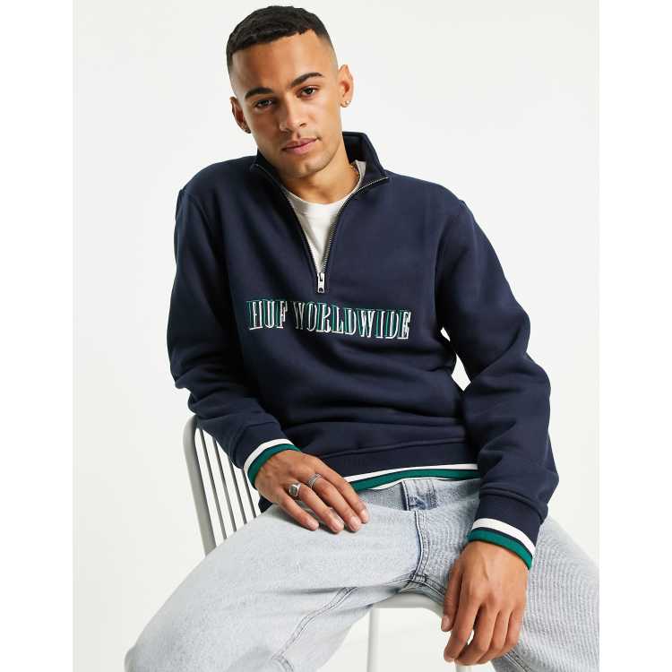 HUF shadow serif half zip sweatshirt in navy